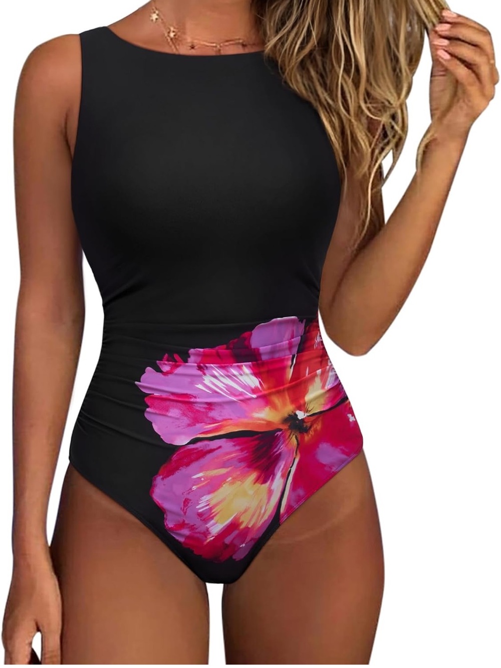 Black Floral One-Piece Swimsuit with Pink Accent
